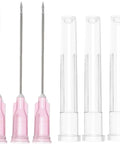 Top Shelf 100 Pack Sterile Disposable 18 Gauge One And A Half Inch Luer Lock Syringe Tips For Lab Science nursery gardening home DIY jobs with pink caps and clear barrels.