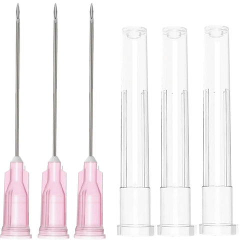 Top Shelf 100 Pack Sterile Disposable 18 Gauge One And A Half Inch Luer Lock Syringe Tips For Lab Science nursery gardening home DIY jobs with pink caps and clear barrels.