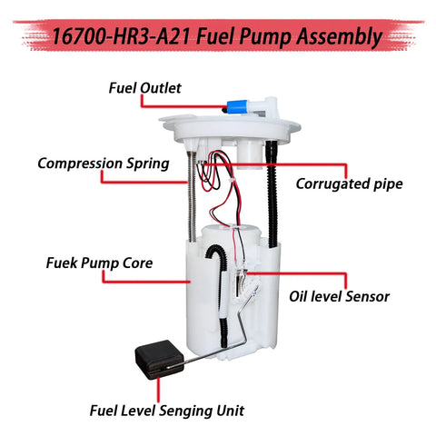 Honda Fuel Pump Assembly 16700 HR3 A21 for TRX420 TRX500 TRX520 showing components like compression spring and oil sensor