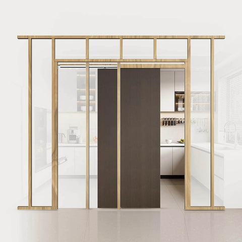Pocket Door Frame Kit For 24 To 36 Inch Wide Doors 80 Inch High With Two Way Soft Close System shown with wood and steel components.