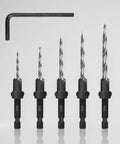 Five Piece Countersink Drill Bit Set For Wood With Sizes 4 6 8 10 12 And A 2.5mm Allen Wrench Plus Free Storage Case
