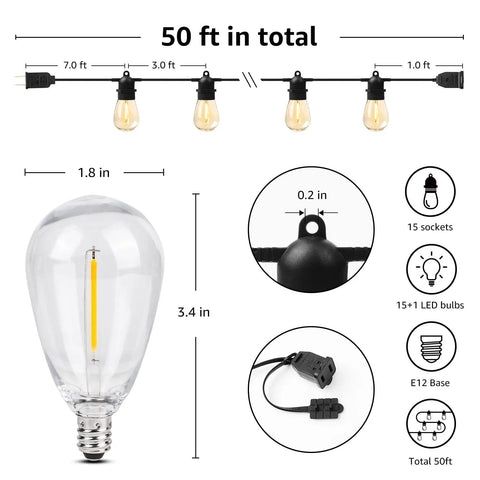 Diagram of 50 Foot Outdoor String Lights With 15 Shatterproof LED Edison Bulbs For Deck Pergola Porch Garden And Gazebo Waterproof Patio Lighting Energy Efficient And Built For Cozy Backyards And Summer Vibes showing dimensions and features