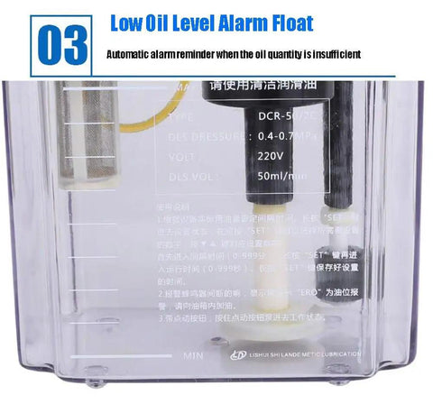 Smart 1L Automatic CNC Lubrication Pump with digital display showing low oil level float and specifications.