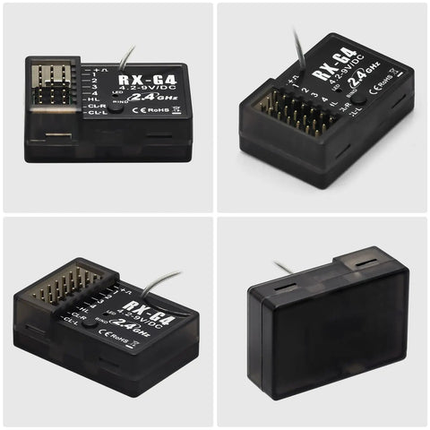 Four views of 4CH 2.4Ghz RC Receiver with Light Control For Cars And Boats, Lightning Fast 2ms Response, FHSS 67 Channel Spread.