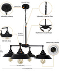 Technical diagram of Four Light Black Kitchen Island Pendant Light with Dope Industrial Farmhouse Style Modern Metal Ceiling Fixture.