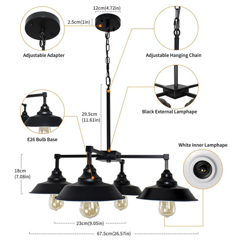 Technical diagram of Four Light Black Kitchen Island Pendant Light with Dope Industrial Farmhouse Style Modern Metal Ceiling Fixture.