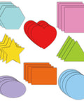 Color Coded Shape Pattern Play Cards Set For Fun Hands On Math And Craft Activities With Eight Geometric Patterns One Hundred Twenty Cutouts Three Point Nine Inch Cards For Classroom Or Home Learning showing hexagons, hearts, squares, stars, triangles, rectangles, ellipses, and circles.