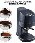 Slick Stainless Steel Coffee Tamper Delivers Dead Flat Packs On Command 58mm Universal Portafilter Fit Auto Induction Works With Precise 10 To 30 Kg Pressure Settings And Easy One Click Clean Unit For Daily Espresso Sips - Automatic tamper with ground coffee in portafilter.