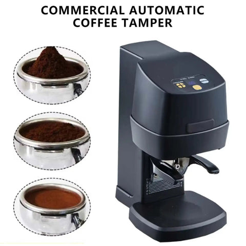 Slick Stainless Steel Coffee Tamper Delivers Dead Flat Packs On Command 58mm Universal Portafilter Fit Auto Induction Works With Precise 10 To 30 Kg Pressure Settings And Easy One Click Clean Unit For Daily Espresso Sips - Automatic tamper with ground coffee in portafilter.