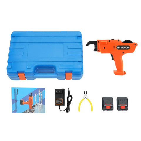 Electric Rebar Tier Gun 8mm To 34mm Automatic Tying Tool with case, charger, two batteries, and accessories, orange