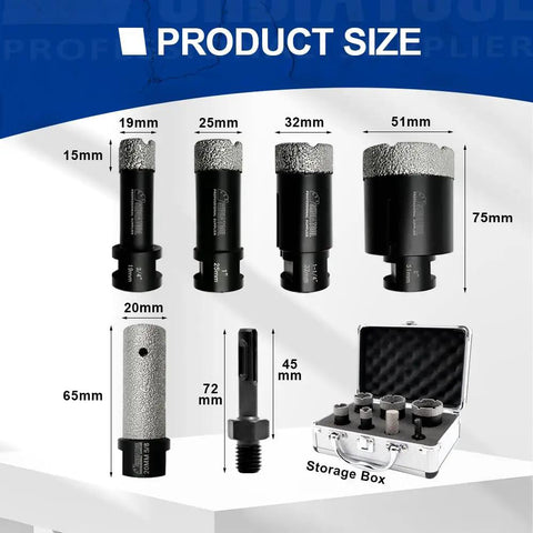7-Piece Diamond Hole Saw Kit For Porcelain Tile Ceramic Marble Brick Dry Or Wet Core Drill Bits Set With Heavy-Duty Vacuum Brazed Bits Includes 5 Core Bits 19/25/35/45/51mm, 20mm Finger Bits, And SDS Adapter displayed with dimensions and storage box.