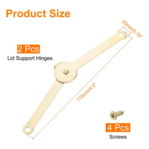 Two Pack Lid Support Hinge For Cabinets And Boxes, 2.7x0.8 Inch 180 Degree Folding Hinge, gold finish with screws shown