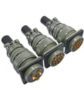 MIL-C circular connector 28-20S trio with olive-green metal shells and gold pins, front view