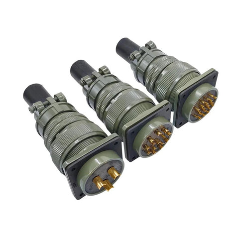 MIL-C circular connector 28-20S trio with olive-green metal shells and gold pins, front view