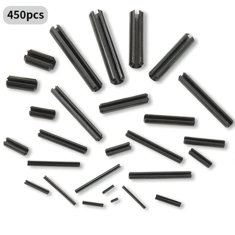 Assorted Slotted Spring Dowel Pins Kit, 450 Piece Set, Durable Spring Steel With Black Oxide Finish.