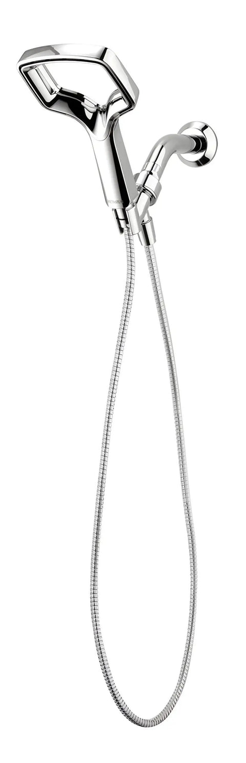 Chrome handheld shower head with hose and adjustable arm mount for ultra wide coverage full bodied waterfall spray powerful flow.
