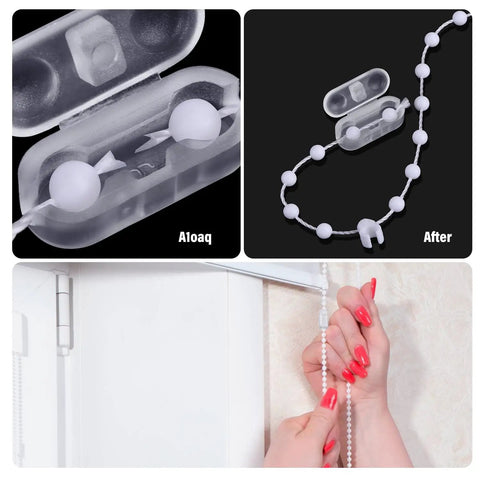 30 Pack 4.5mm Beaded Chain Connectors for Roller Shades Plastic Ball Clips, close-up of transparent connector in use for repair