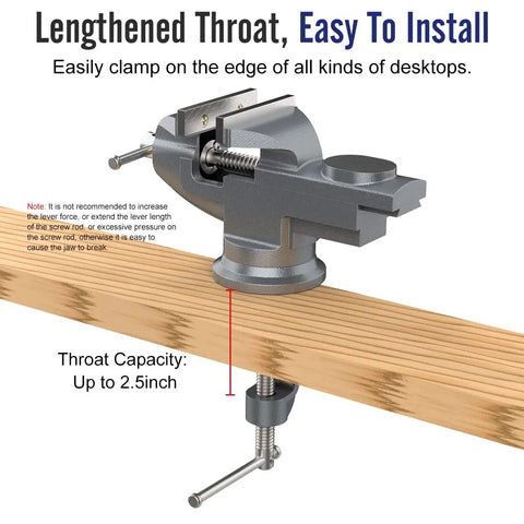 All-Purpose Table Vise With 3 Inch Jaw Opening And 360 Degree Swivel Base, Heavy Duty Bench Clamp For Woodworking And Metalworking, Thickened 0.2 Inch Jaw For Superior Grip, Fits Most Workbenches And Tables. table vise clamped to wood board, 2.5-inch throat capacity
