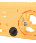 Front view of orange 35mm hinge boring jig kit for woodworking, with drill guide, ruler scale, and depth dial.