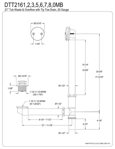 Technical diagram of Toe Touch Tub Waste And Overflow Drain for 21 Inch Tub in Matte Black Finish showing dimensions and parts.
