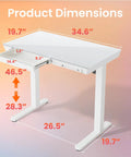 Glass Standing Desk With Drawers, 35 By 20 Inch Electric Adjustable Height, One Piece Tabletop detailed dimensions and features
