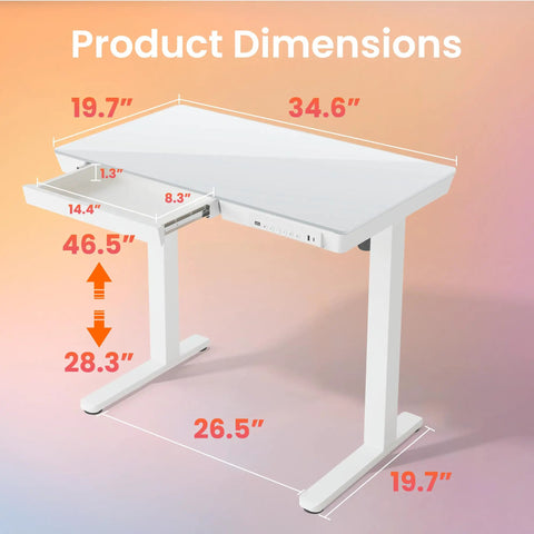 Glass Standing Desk With Drawers, 35 By 20 Inch Electric Adjustable Height, One Piece Tabletop detailed dimensions and features