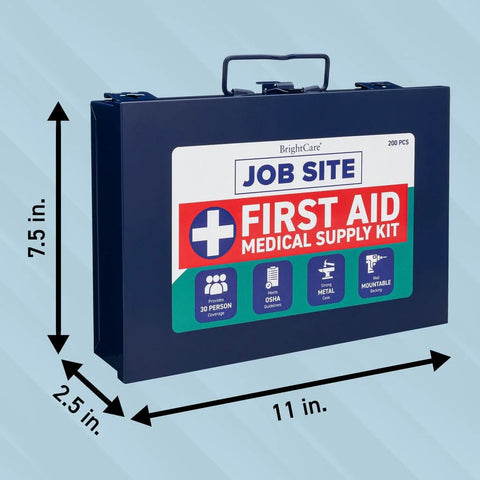 Blue metal job-site first aid kit with handle, 11 in x 7.5 in x 2.5 in, 200-piece kit