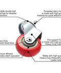 Close-up of 4 Pack Swivel Plate Stem Casters With Red Polyurethane Wheels, highlighting durable components and 3 inch wheel diameter.