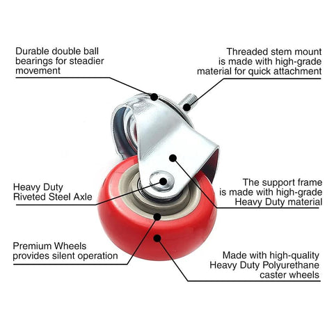 Close-up of 4 Pack Swivel Plate Stem Casters With Red Polyurethane Wheels, highlighting durable components and 3 inch wheel diameter.