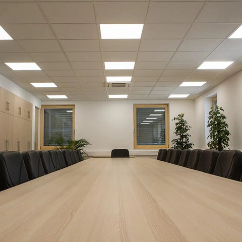 Office with 4 Pack 2x2 Ft LED Troffer Flat Panel Light 45W, 5800 Lumens, 5000K White, 0-10V Dimmable installed in drop ceiling