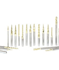 Heavy Duty Solid Carbide Up Cut Spiral Tapered Cnc Router Bits Set Smashes Through Wood And Aluminum Like Butter For Precision 2D 3D Carving With ZrN Heat Resistant Coating 18 Piece Pro Kit Takes 1 8 And 1 4 Shank, 18 tool kit with mixed sizes and gold-coated tips.
