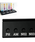Black All In One Aquarium Test Tube And Paper Holder Organizer Rack for Water Testing Kits, holds PH AM NO2 NO3 tubes upright.