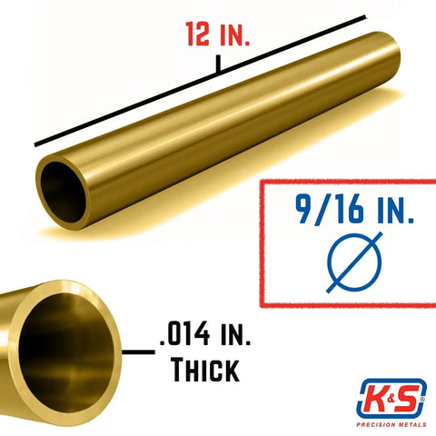 Brass Round Tube Stock Nine Sixteenth Inch Diameter Twelve Inch Length Seamless Mill Finish Hard Alloy 260/272 ASTM B135 Made In USA For DIYers Jewelry Home Decor Tinkering Model Making Trains Planes RC Projects