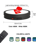Motorized 360 Degree Rotating Display Stand With Remote Control And Seven Color Led Lights For Jewelry Photography And Collectibles Black 32 Cm Turntable top view with dimensions and remote.