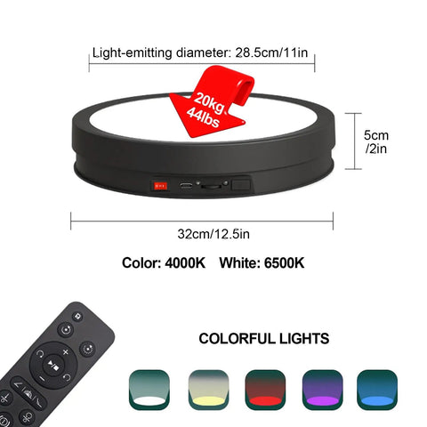 Motorized 360 Degree Rotating Display Stand With Remote Control And Seven Color Led Lights For Jewelry Photography And Collectibles Black 32 Cm Turntable top view with dimensions and remote.