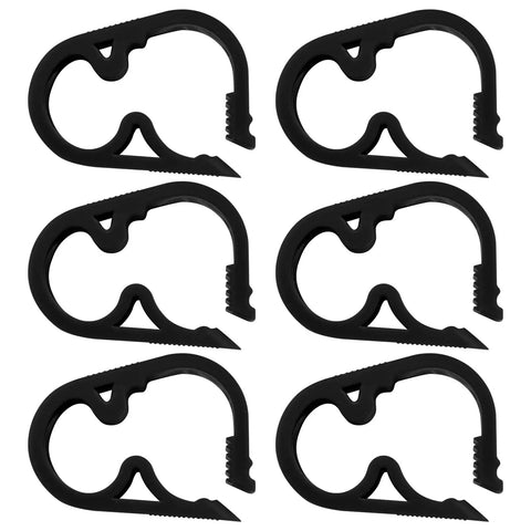 Six Piece Black Siphon Hose Clamp Set With Adjustable Flow Control For 6 To 12mm Tubing, POM Plastic Tube Clamps, set of six displayed