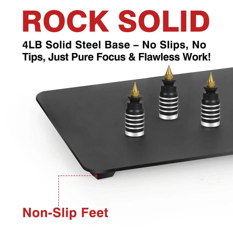 Solid steel base with non-slip feet for All In One Soldering Station With 5x Magnetic Magnifying Lamp And Heavy Duty Work Station.