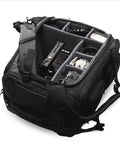 Cube Camera Backpack For Filmmakers And Photographers showing interior compartments with camera gear and drone storage.