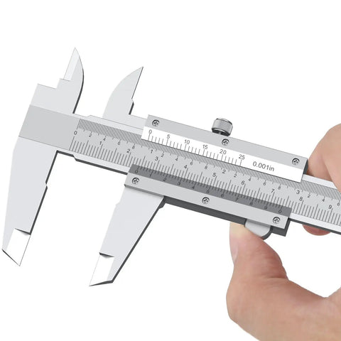 Vernier Caliper 6 Inch Non Digital Measuring Tool With Inside Outside Depth And Step Measurements High Precision Caliper 0.02mm 0.001 Inch Ideal For Metalworking And DIY Projects Durable Carbon Steel Construction, close-up of 6-inch carbon steel vernier caliper with hand