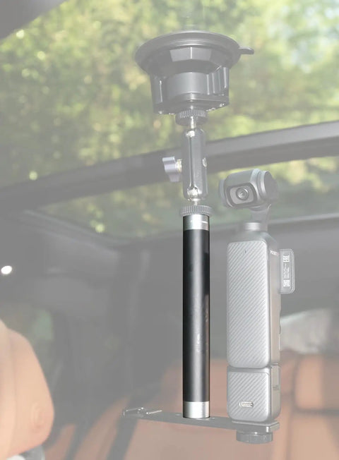 Go Anywhere Camera Extension Rod Mount One Quarter Inch Thread For Dash Cams And Action Gear Lightweight Aluminum Build Lock Down Male Female Adapter Five Point Nine Inches Long with a camera attached