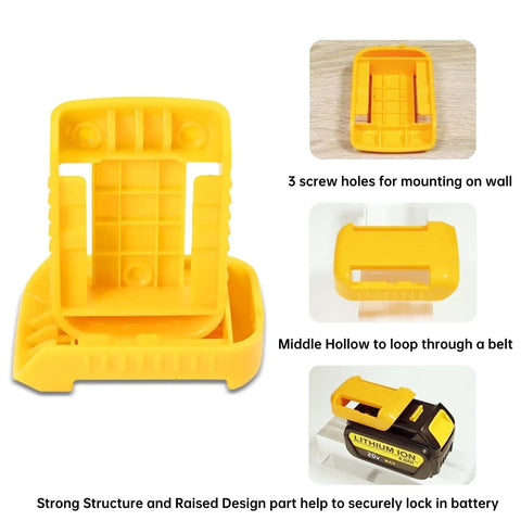 Heavy Duty Tool Holder And Battery Mount Wall Organizer Kit for 20V And 60V Cordless Tools, shown in yellow ABS plastic with screws.