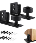 Barn Door Floor Guide Set Black Powder Coated Carbon Steel Construction With Durable POM Nylon Rollers 8 In 1 Adjustable Rollers Sliding Guides Floor Mount For Recessed Flush Bottom Design Ideal For Heavy Doors 2 Pack, showing components and installation.