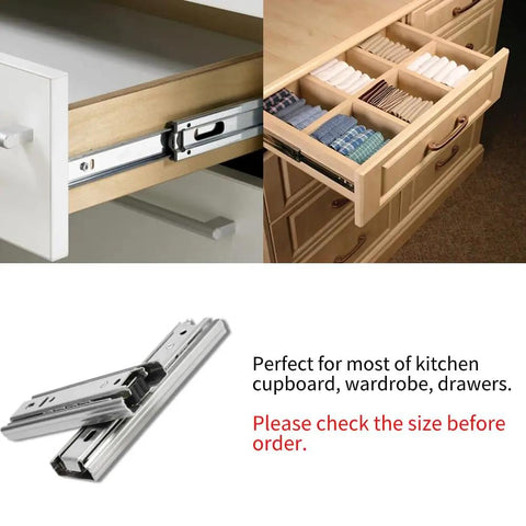 Two Pack Five Inch Soft Close Drawer Slides Featuring Heavy Duty Steel Rails With Slick Ball Bearing Glide For Easy Side Mount Cabinet Install shown in use with open drawers.