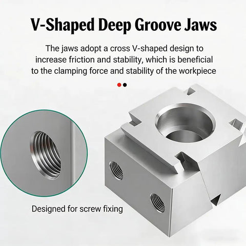 V-shaped deep groove jaws designed for Hardcore Grip Toggle Clamps With No Sweat Setup For Cnc Workbench; screw fixing feature visible.