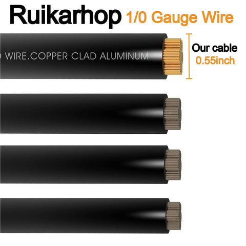 Straight Plug Zero Gauge CCA Battery Cable 40 Foot Spool With Top Shelf Crimp Lugs And Heat Shrink Tubing close-up of 1/0 gauge wire.