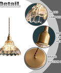 Clear Striped Glass Pendant Light Antique Brass Adjustable Mini Chandelier for Kitchen Island showing detailed glass lampshade and brass components.