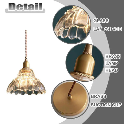 Clear Striped Glass Pendant Light Antique Brass Adjustable Mini Chandelier for Kitchen Island showing detailed glass lampshade and brass components.