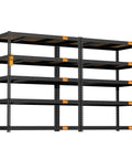 Heavy Duty Five Tier Metal Garage Shelving Unit With Thick MDF Boards And Powder Coated Matte Black Steel Frame Built Tough For Eight Hundred Pound Capacity, showcasing a black shelving unit with MDF boards.