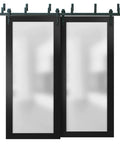 Planum 2102 Interior Barn Bypass Sliding Doors With Frosted Glass In Solid Wood Black Modern Style 84 By 96 Inches Hardware Kit Included Easy Install For Any Home Upgrade And Room Makeover Boss Level, showing black-framed glass panels.