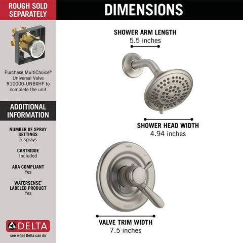 Dimensions of Lahara 17 Series Dual Function Shower Trim Kit With 5 Spray Touch Clean Shower Head Stainless Finish T17238-SS